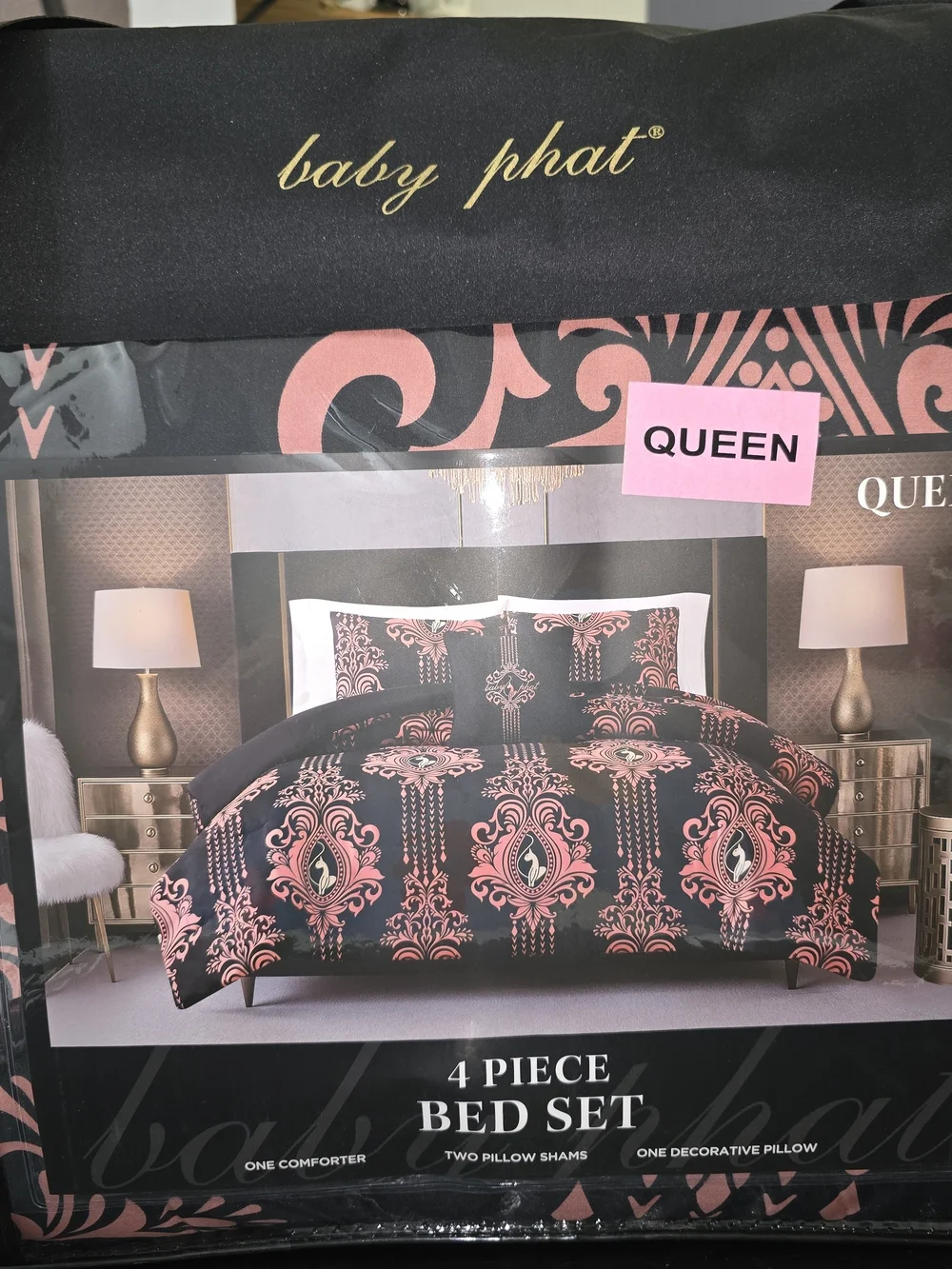 Baby Phat Black and Pink Queen Comforter Set with Damask Motif